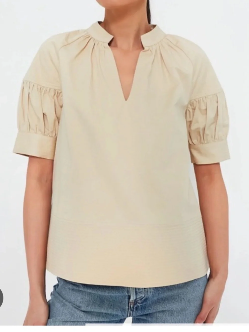 Tuckernuck Cream Split-Neck Puff Sleeve Top